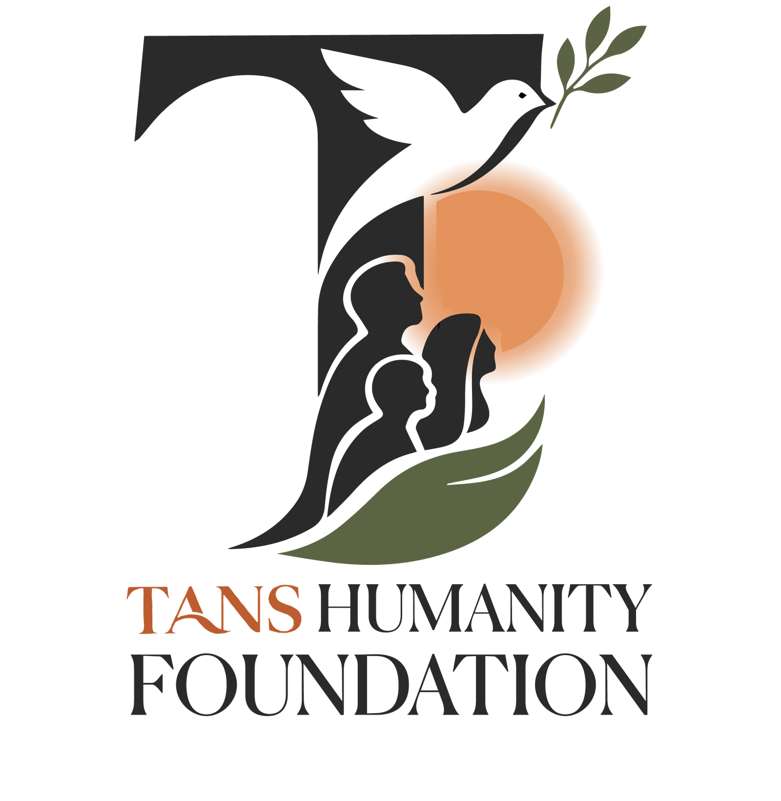 TANS Humanity Foundation logo: a stylized T formed by a dove carrying an olive branch, a family silhouette, a rising sun, and an olive leaf